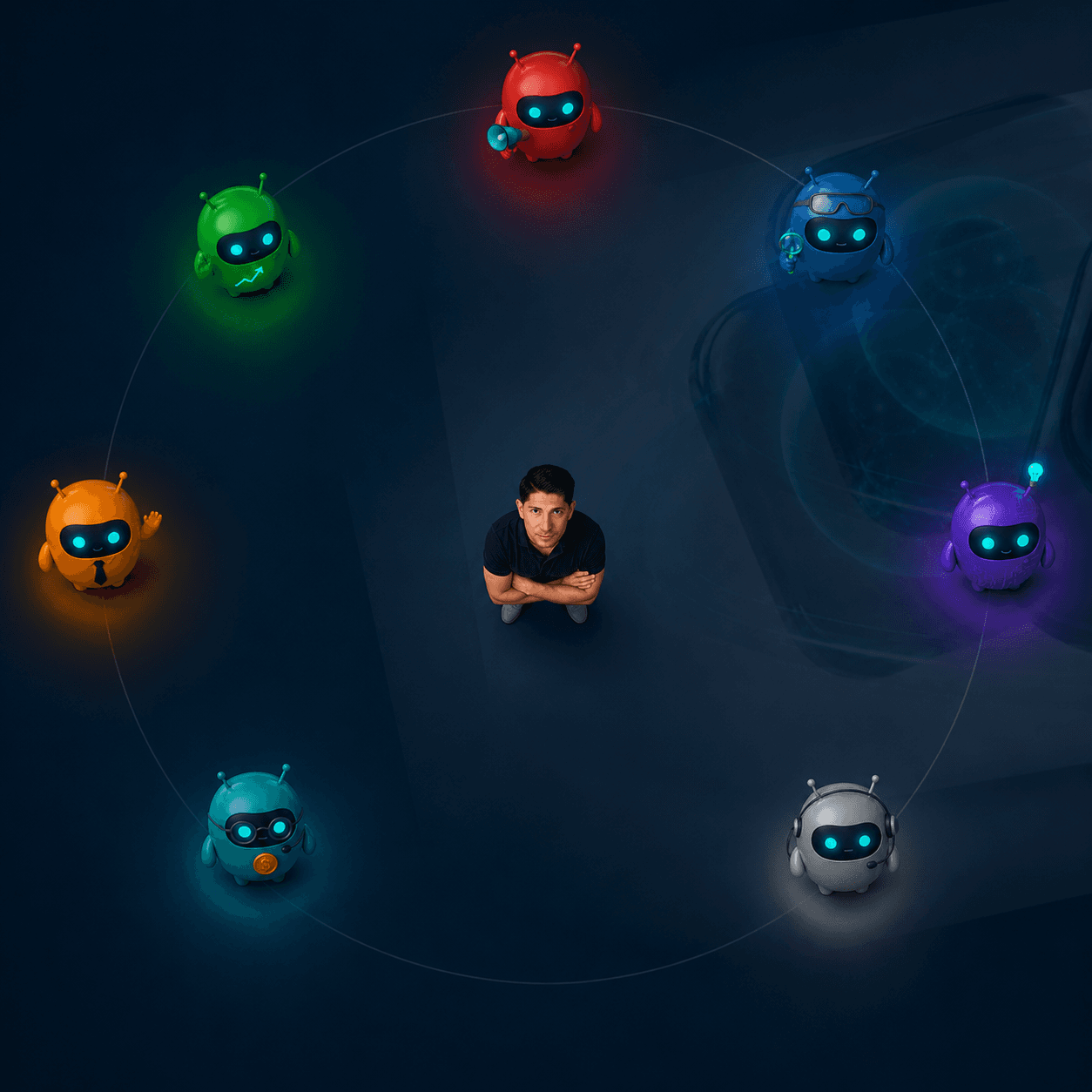 Stayvenia founder surrounded by six colorful AI specialist characters